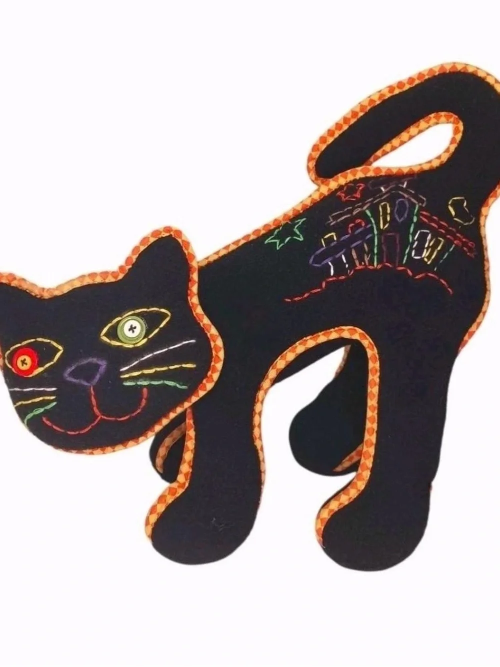🐈‍⬛ Primitive Folk Art Dimensional Black Felt Cat Vintage Design - 12 in x 11 in